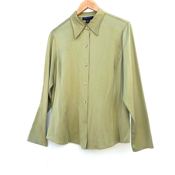 Vintage Anne Klein II Set Button Down Wide Leg Satin Pants Large 12 Lime Green - Picture 3 of 11